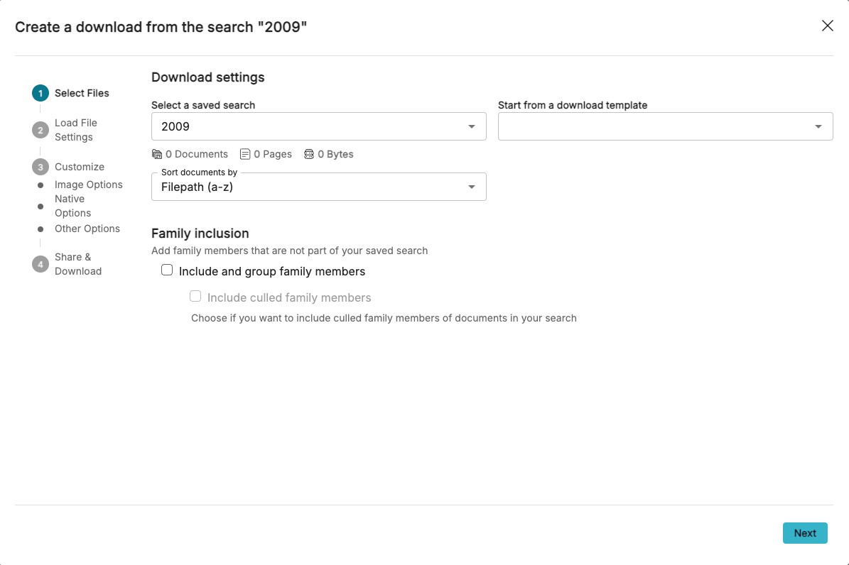 Settings for downloading files from a saved search titled '2009'.